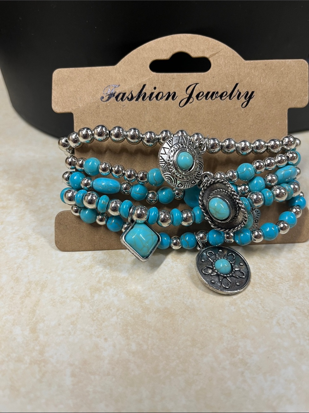 Fashion Jewelry Turquoise and Silver Beaded Multi-Strand Bracelet with Charms